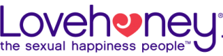 the lovehoney logo in purple with a red love heart as the 'o' in honey