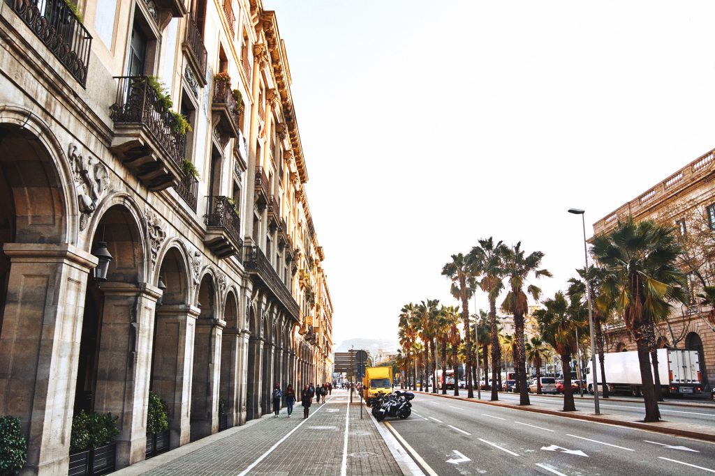a street in Barcelona with beautiful buildings and palm trees