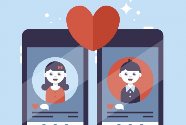Two illustrated phones showing a dating profile and a love heart between the two screens
