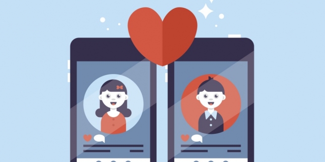 Two illustrated phones showing a dating profile and a love heart between the two screens