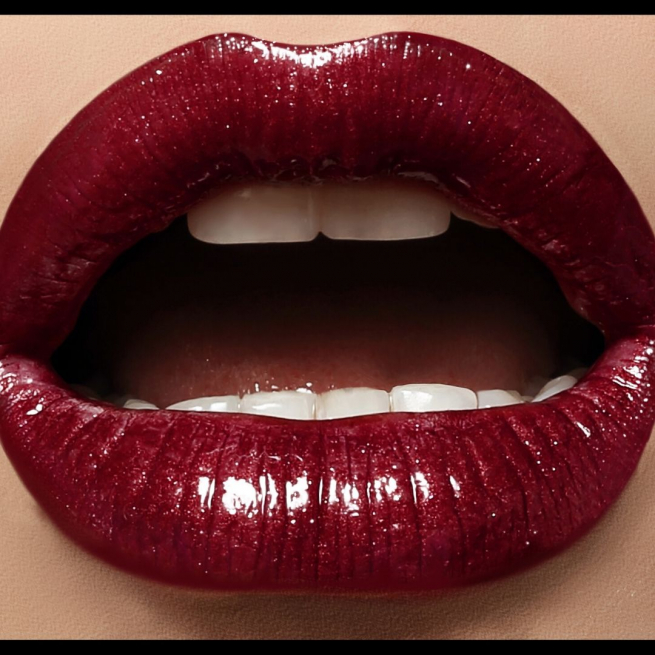 Deep red glossy lipstick painted on to an open mouth