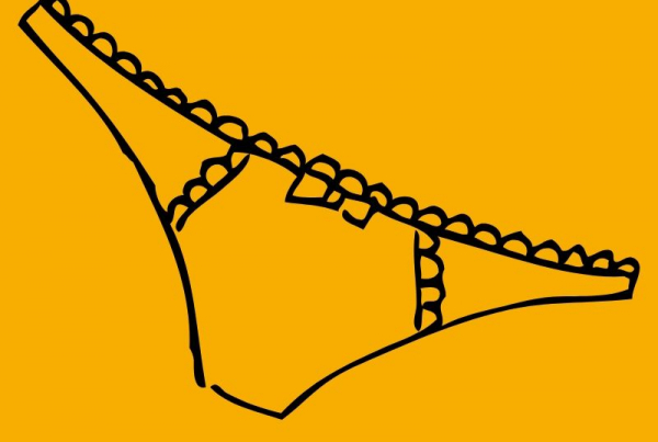 A drawing of a pair of ladies pants against a yellow background