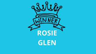 A graphic of a crown with the word WINNER written on it and the name Rosie Glen below. The background is bright blue