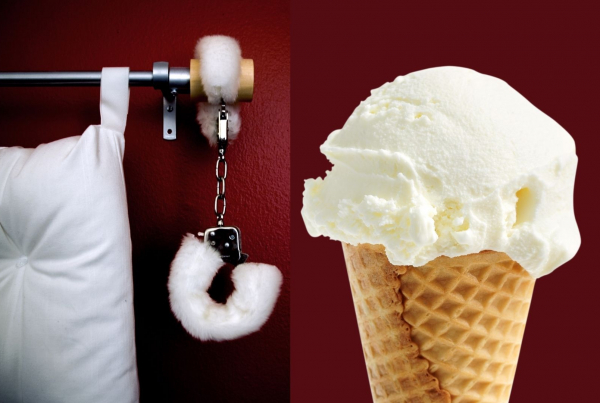 Different Sexual Tests - a bed with handcuffs and a vanilla ice-cream