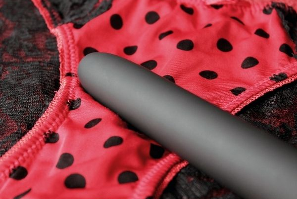 My partner hates my vibrator - red and black lacy knickers with a black vibrator positioned on the top