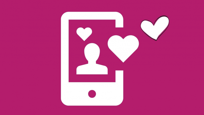 a graphic of a mobile phone with a person and lovehearts in white and the background is pink