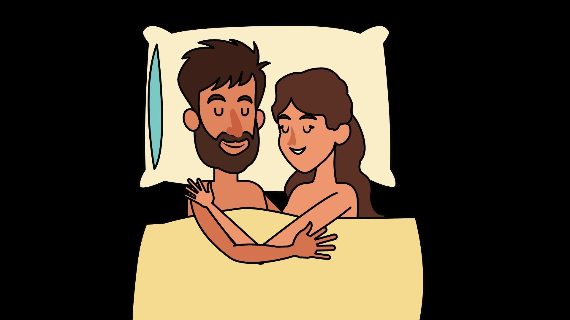 A graphic of a dark haired man and woman in bed together sleeping