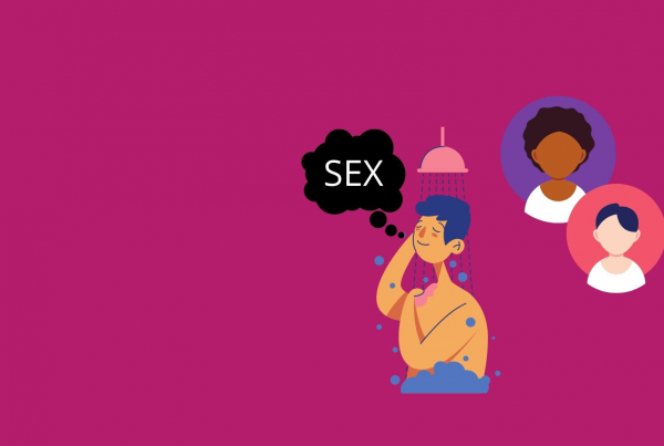 A graphic of a man showering with a thought bubble that say SEX, behind him are two carers