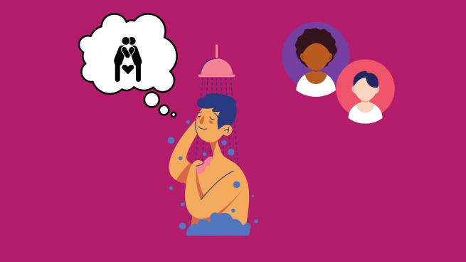 a graphic of a male showering with two carers in the background and thought bubble that reads SEX coming from his head