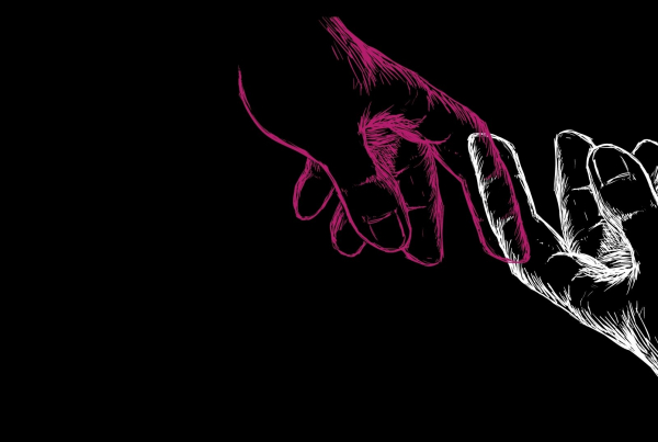 A graphic of a pink and white chalked hand reaching out to each other