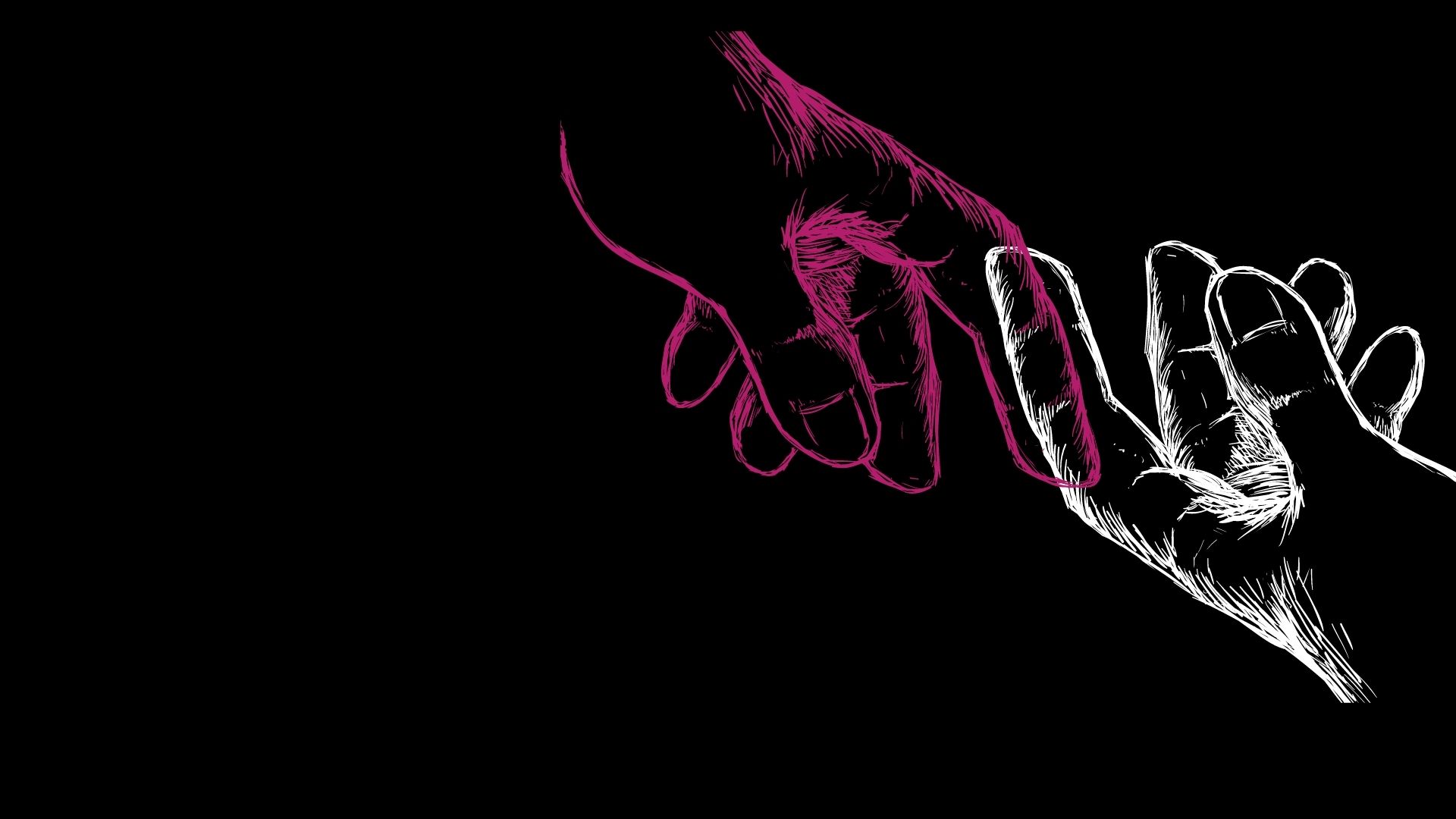 A graphic of a pink and white chalked hand reaching out to each other