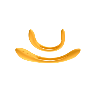 Yellow banana shaped vibrator and also shows its flexibility by having it curved above