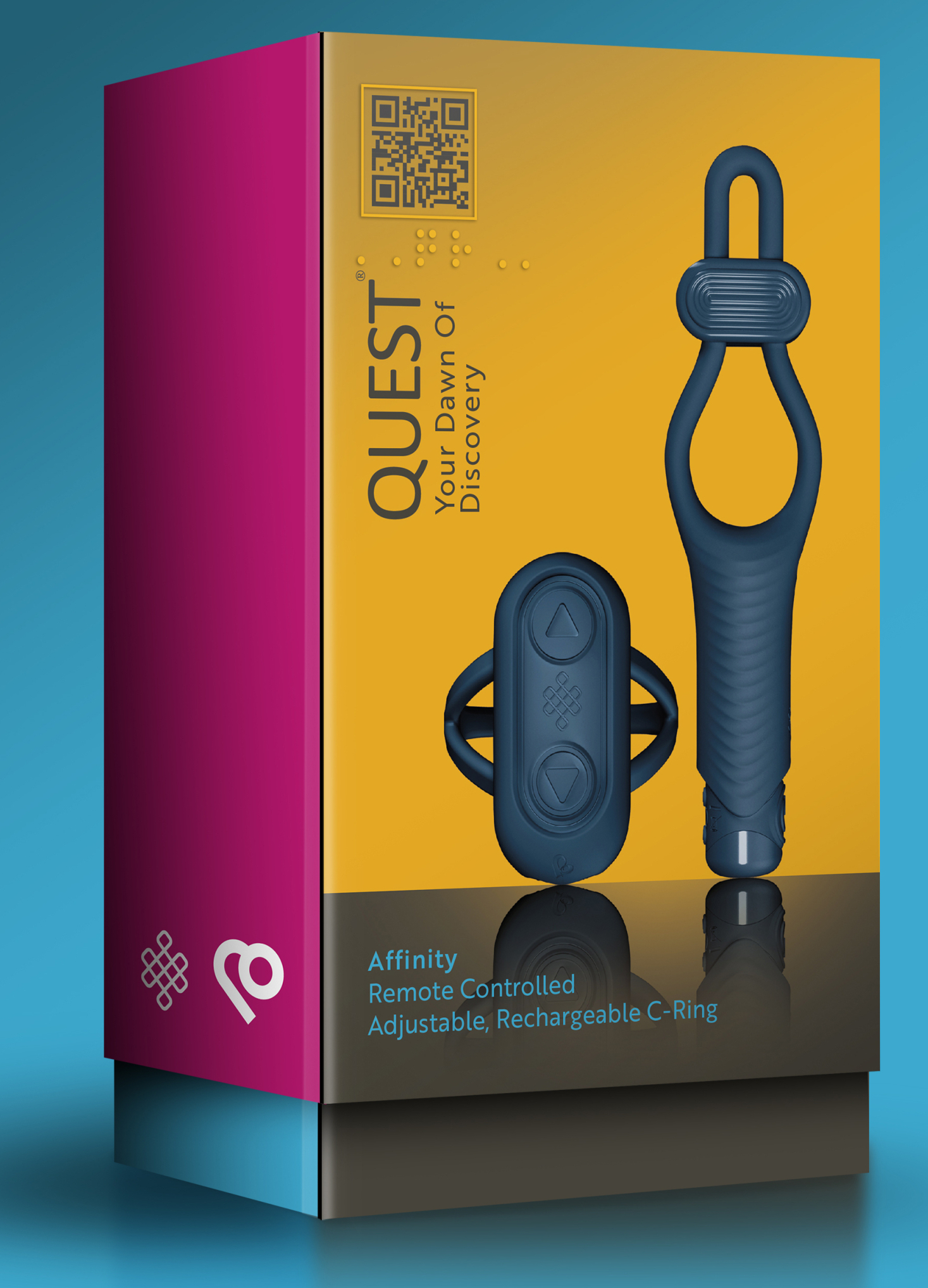 A boxed "Affinity" sex toy from the quest range. The box is orange, purple and blue, and the sex toy is displayed on the front.