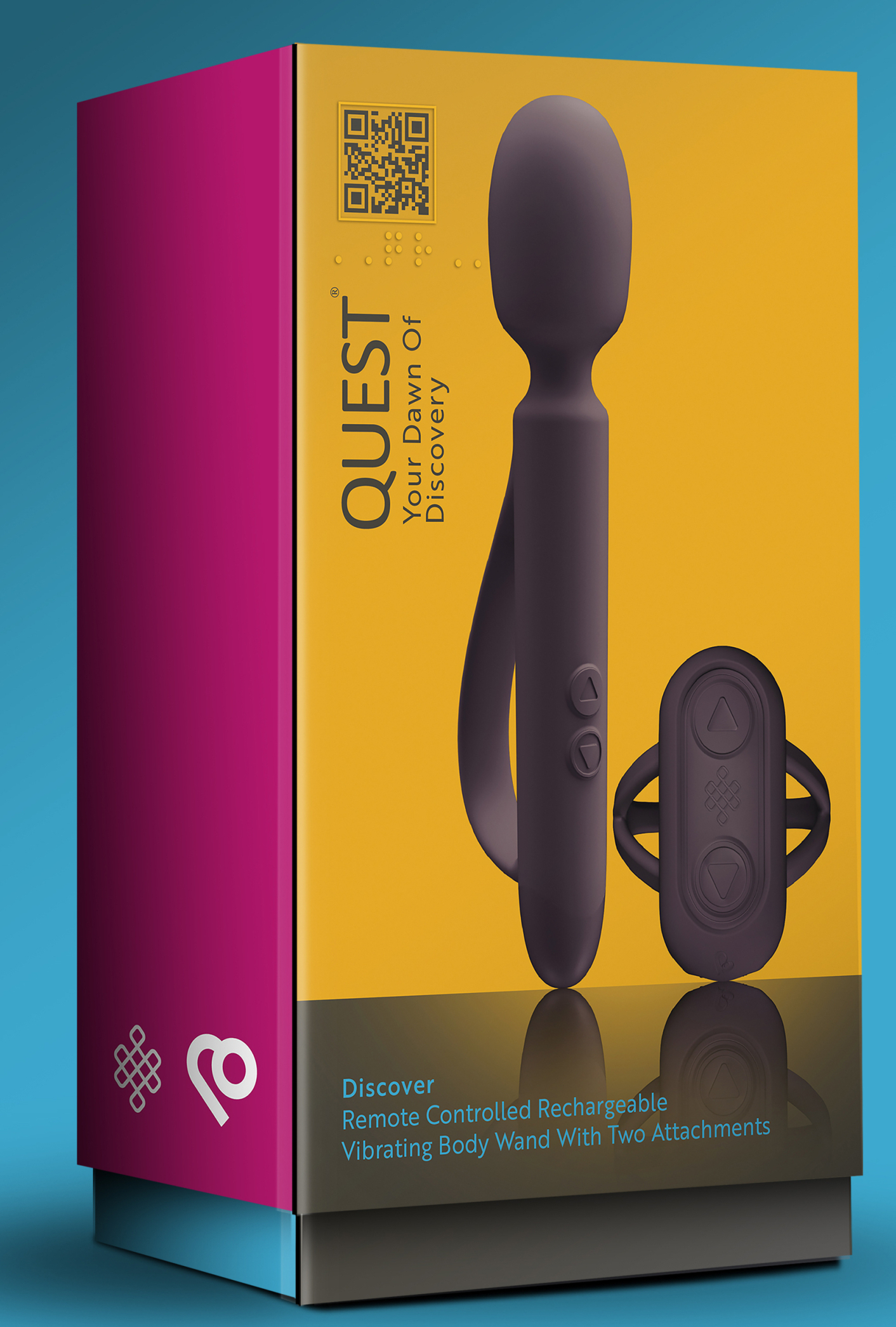 A boxed "Discover" sex toy from the quest range. The box is orange, purple and blue, and the sex toy and remote control are displayed on the front.