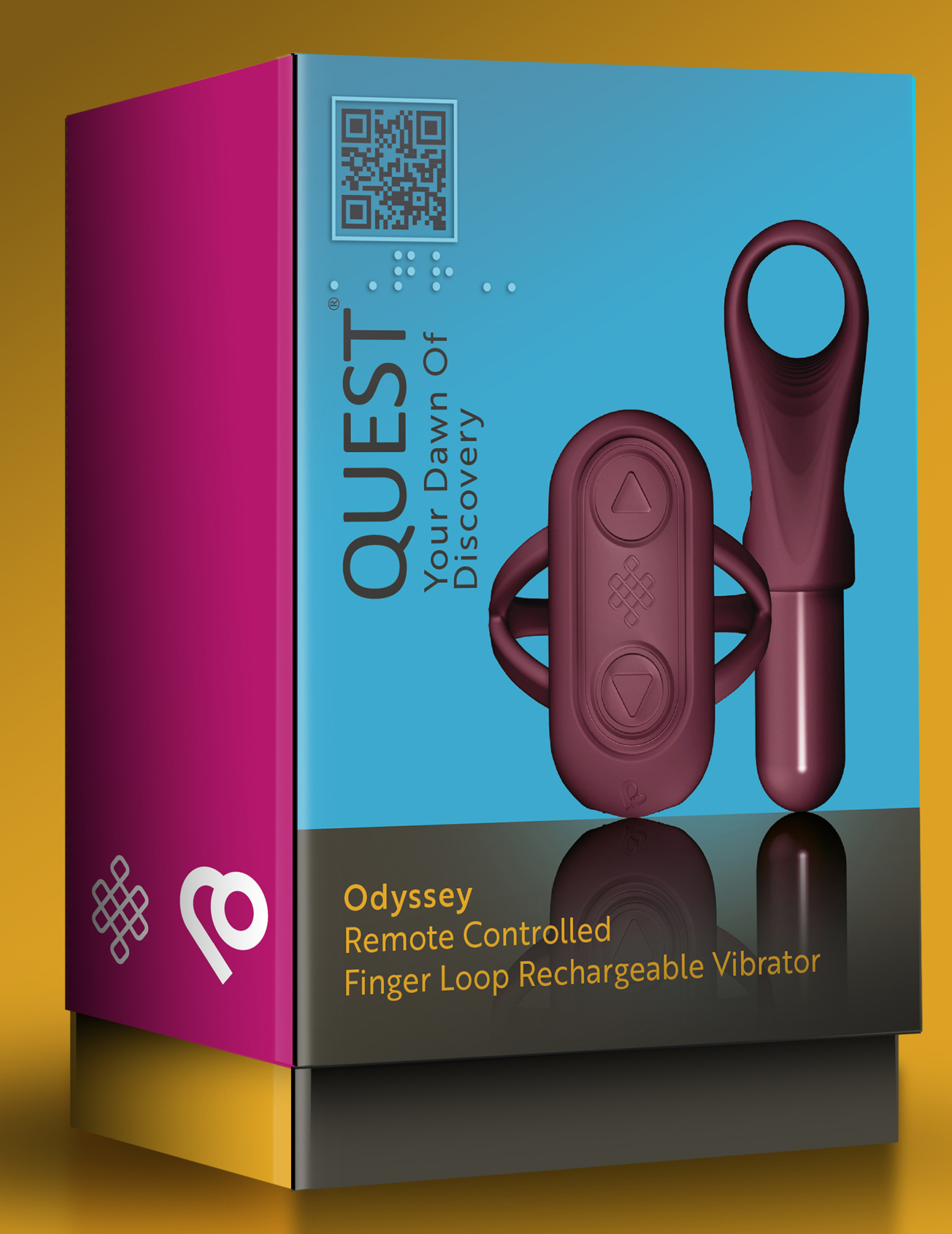 A boxed "Odyssey" sex toy from the quest range. The box is orange, purple and blue, and the sex toy and finger loop attachment are displayed on the front.