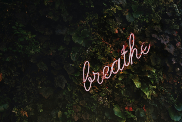 Stress awareness month: A neon saying saying Breathe in among green leaves