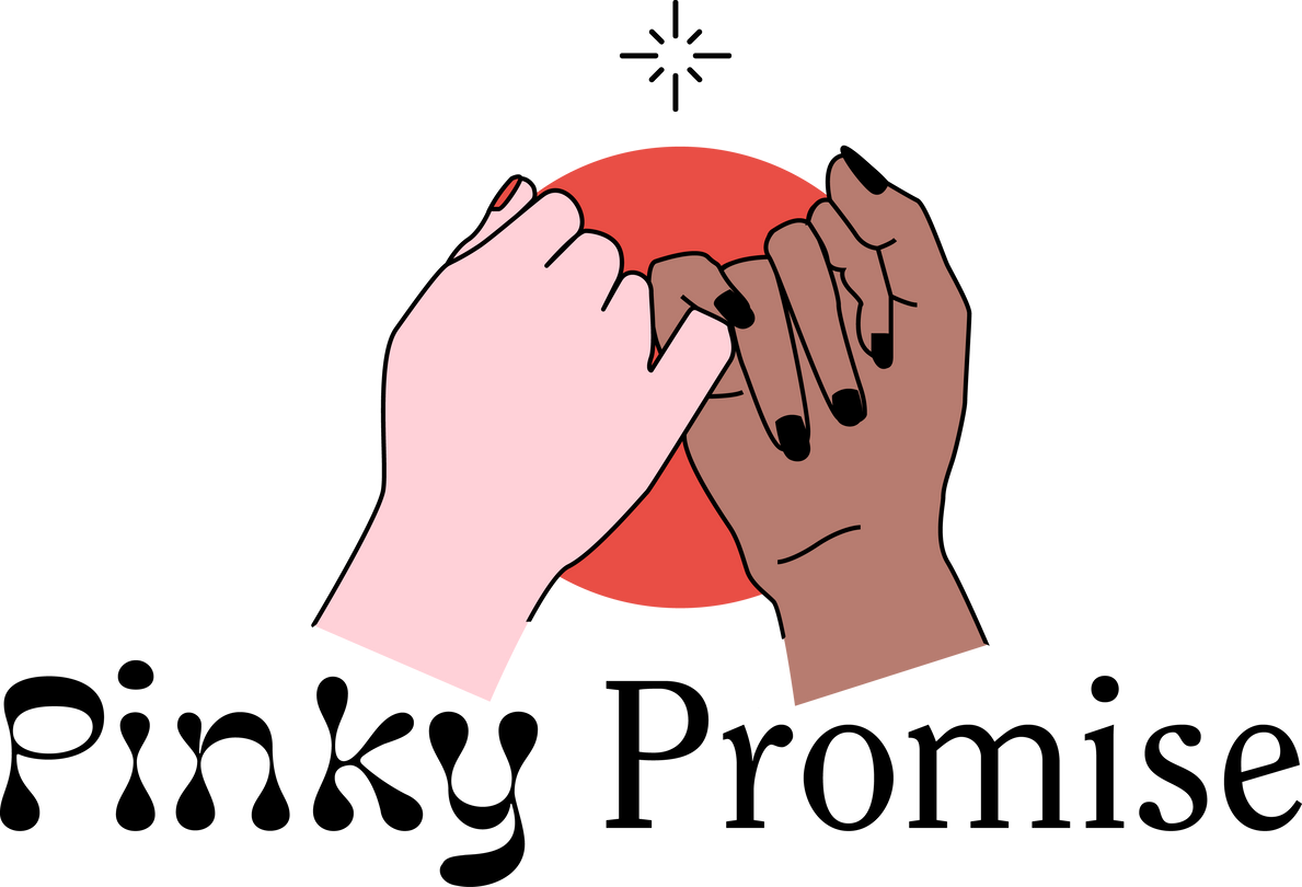 "Pinky Promise" logo. There are two hands with intertwinded pinky-fingers. Behind them is an orange circle.