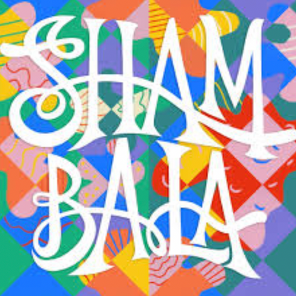 Shambala logo. The font is fanciful and the background is bright abstract shapes of various colours.