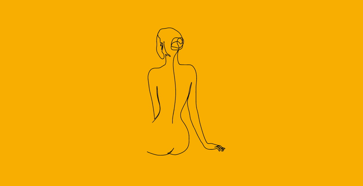 A sketch of a naked woman sitting with her back to the viewer.