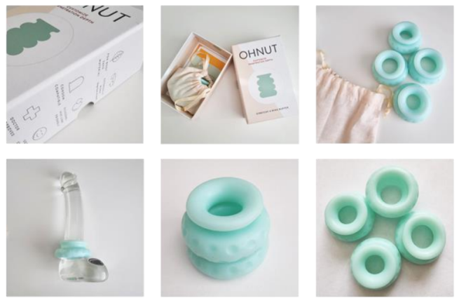 6 inset images of the "Ohnut" and its packaging. The packaging is a carboad box. Inside is a cloth bag which contains 4 silicone rings. One ring is demonstrated having been stretched over a clear dildo.