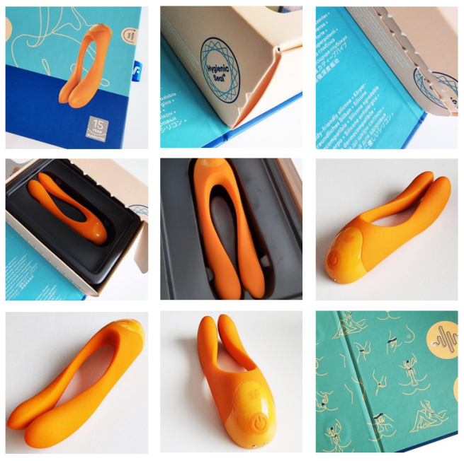 9 Inset images of the sex toy and its packaging. It appears in a cardboard box, with a plastic insert. The sex toy appears as two separate shafts meeting in the center where the power button lies. The sex toy is orange.