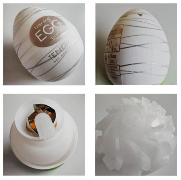 4 inset images of the tenga egg. Before opening it looks like an egg with a thin plastic wrap and the branding printed on. Post-opening the lube sachet can be seen inside. Finally the sex toy is turned inside out revealing a rougher texture on the inside.