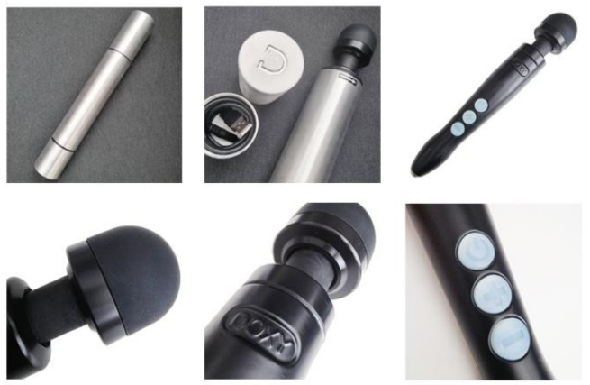 6 inset images of the sex toy. In the first it is shown closed, it appears as a thick metal cylinder. In the following images, it is opened to reveal a large, black wand-style vibrator, with white silicone buttons.