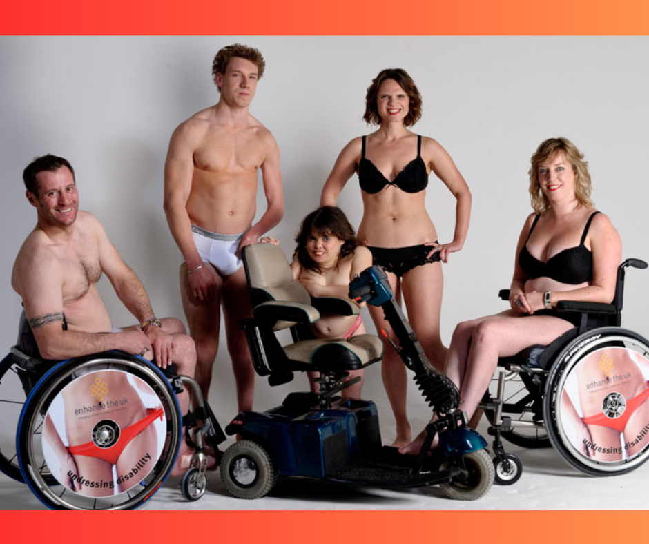 Undressing Disability: A group of very hot disabled people standing in their underwear smiling at the camera