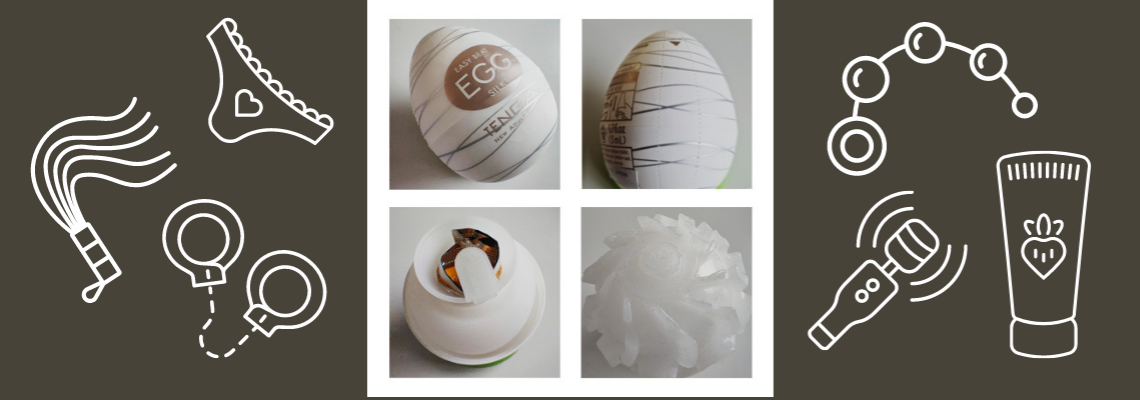 A collage of 4 tenga eggs, an egg-shaped silicone sex toy.