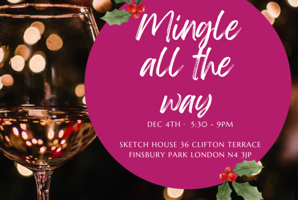 A white wine glass against a black background and warm fairy lights. A big pink circle announces there is an event called Mingle all the way on dec 4th