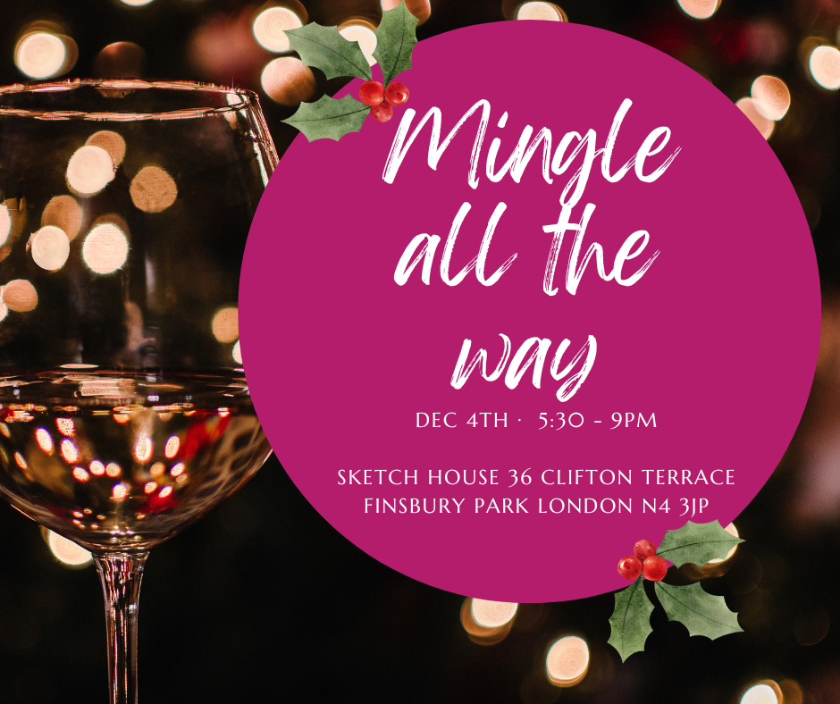 A white wine glass against a black background and warm fairy lights. A big pink circle announces there is an event called Mingle all the way on dec 4th