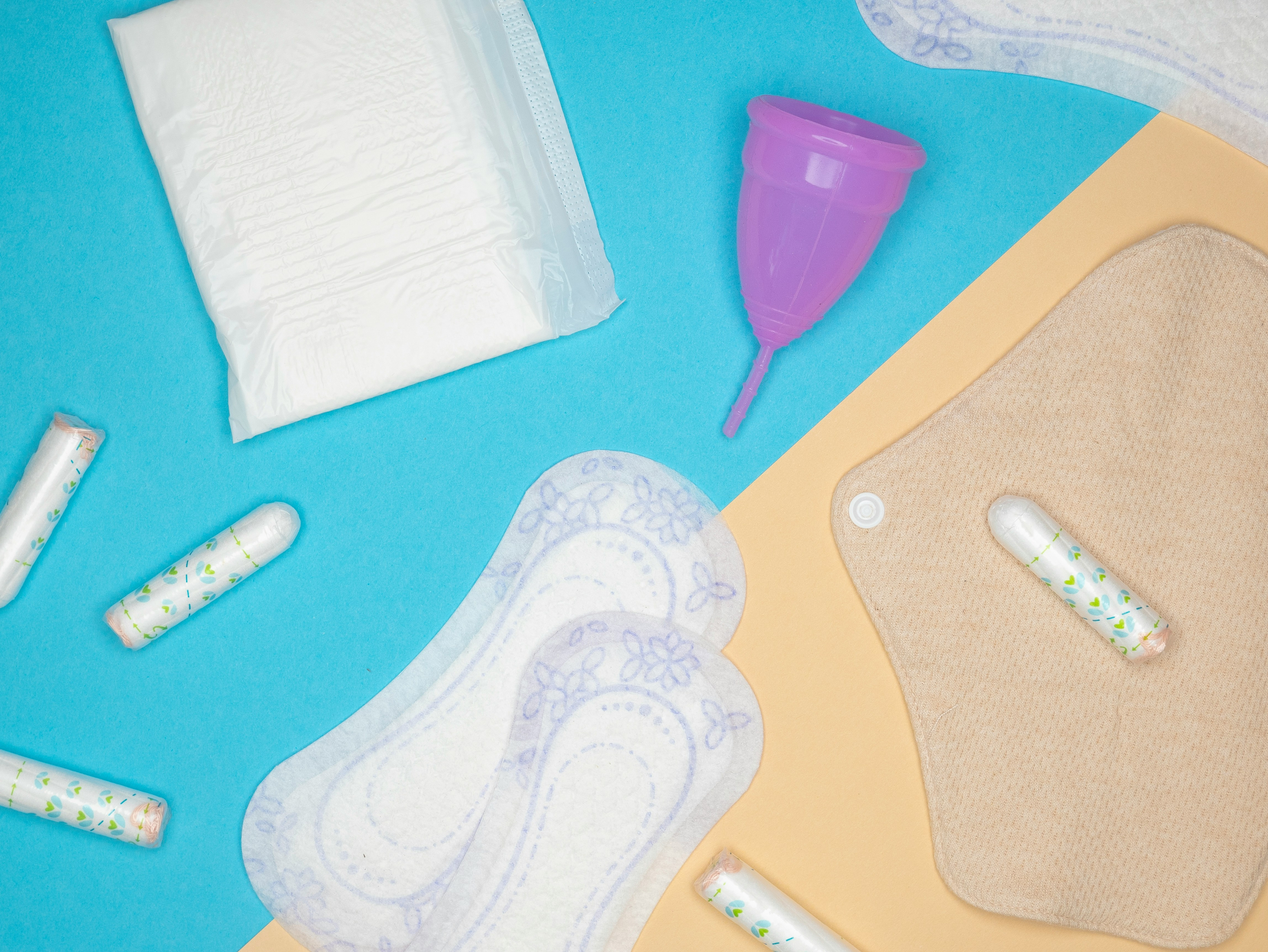 Periods: A collection of sanitary pads, tampons and a moon cup