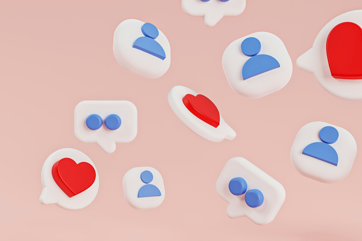 Censorship and social media: there are lots of cartoon social media buttons like a like, a heart, thumbs up on a peach background