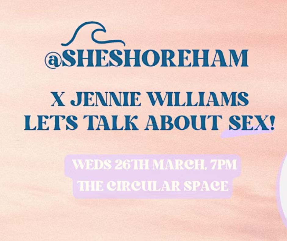 This peach coloured post advertises the next shershoreham event. It has a picture of Jennie in the centre. Jennie has long blonde hair and is wearing a festival headdress with beads hanging over her forehead. SHe has a bright pink lipstick on. The event is on 26th of March at the circular Space