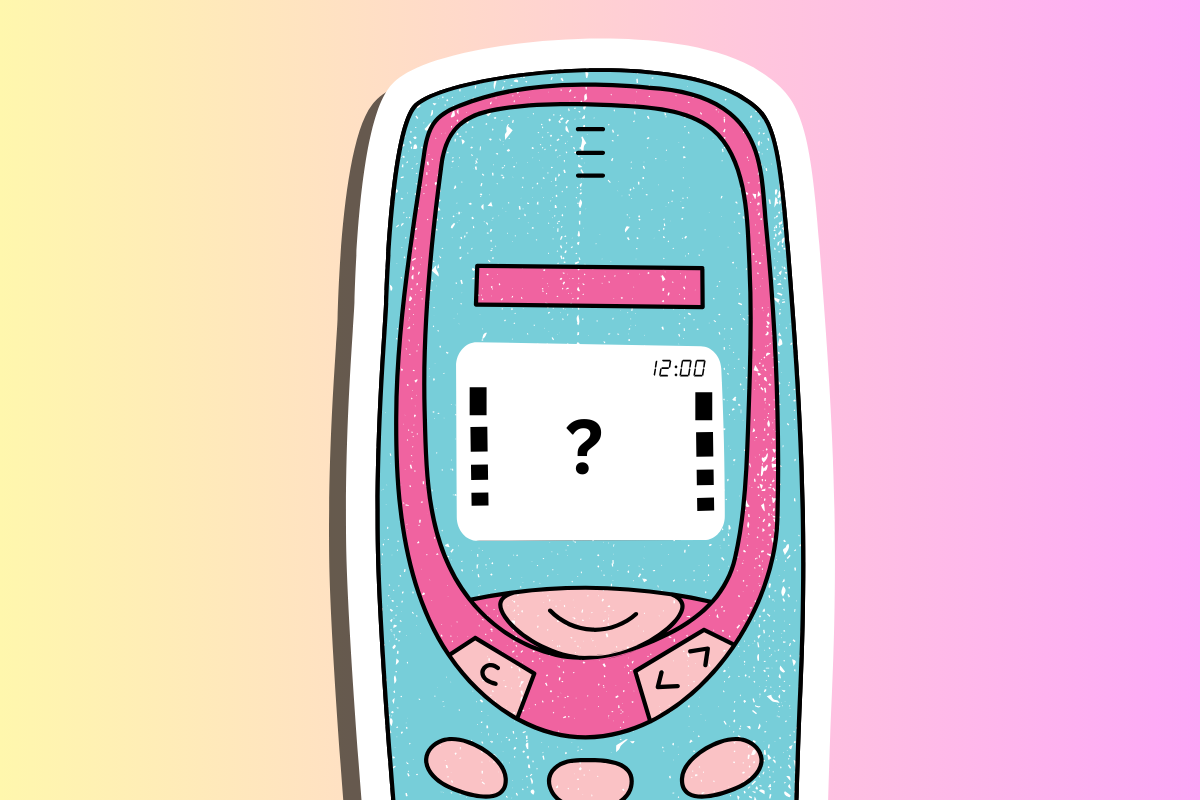 A cartoon of a mobile phone with a question mark