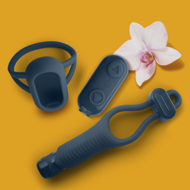 A dark blue cock ring which can be adjusted to fit. There is a remote with a wrist strap and a pink flower