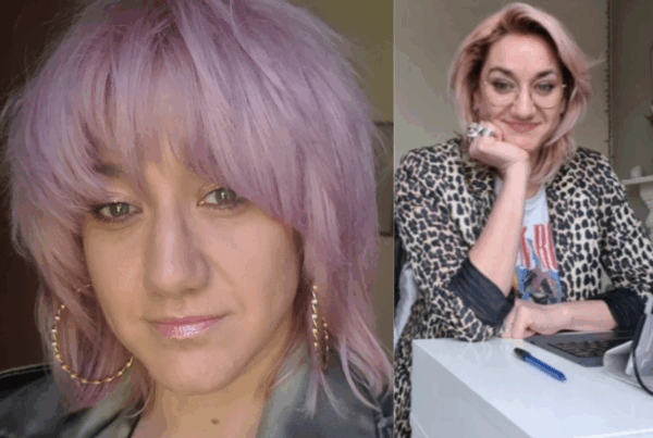 two images together A close-up portrait of a person with layered pastel purple hair and blunt bangs. They are wearing large gold hoop earrings and have soft pink makeup, including shimmery pink eyeshadow and glossy lipstick. The person is looking directly at the camera with a slight smile. The other photo is the same person in a leopard print blazer smiling at the camera and standing up