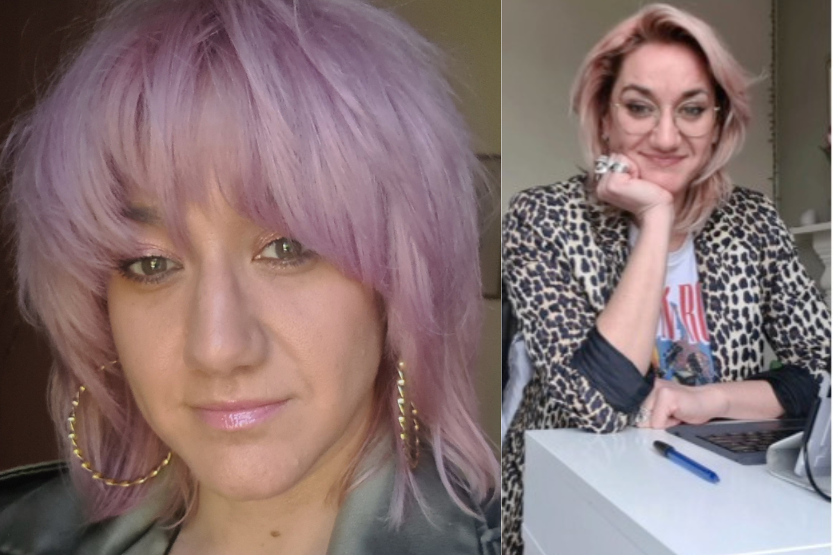 two images together A close-up portrait of a person with layered pastel purple hair and blunt bangs. They are wearing large gold hoop earrings and have soft pink makeup, including shimmery pink eyeshadow and glossy lipstick. The person is looking directly at the camera with a slight smile. The other photo is the same person in a leopard print blazer smiling at the camera and standing up