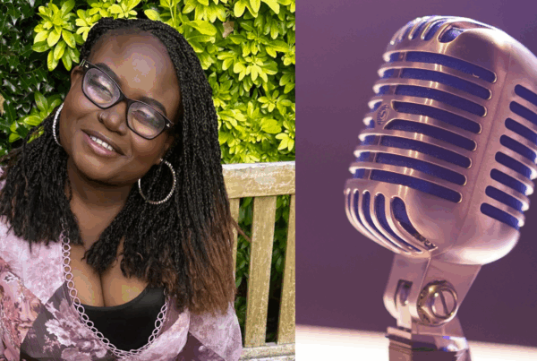 Joy is a visually impaired woman of colour. She is wearing a pink patterned dress and gold hoop earrings. She is facing the camera and smiling while wearing glasses. She is sitting on a park bench in the summer. THe other half of the image is a retro microphone in a pink light as Joy is a podcaster.