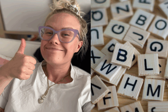 A split image showing a smiling person on the left giving a thumbs up, wearing a white shirt, purple glasses, and a decorative necklace. On the right side, there is a close-up of wooden Scrabble-style letter tiles scattered randomly, with visible letters including B, L, H, M, G, and W.